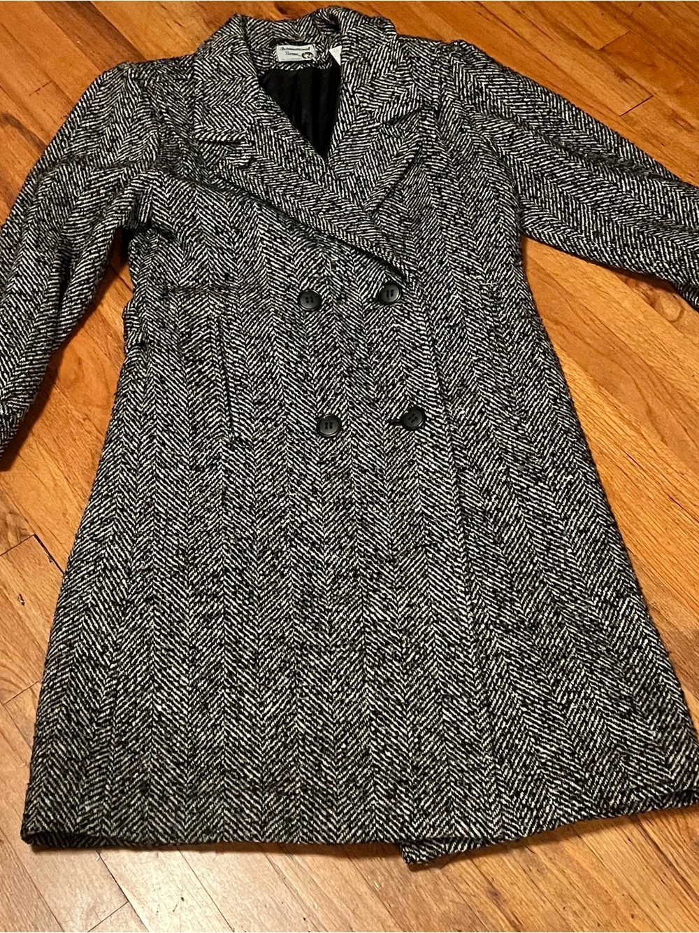 Vintage Black & White Herringbone Double-Breasted Pea Coat